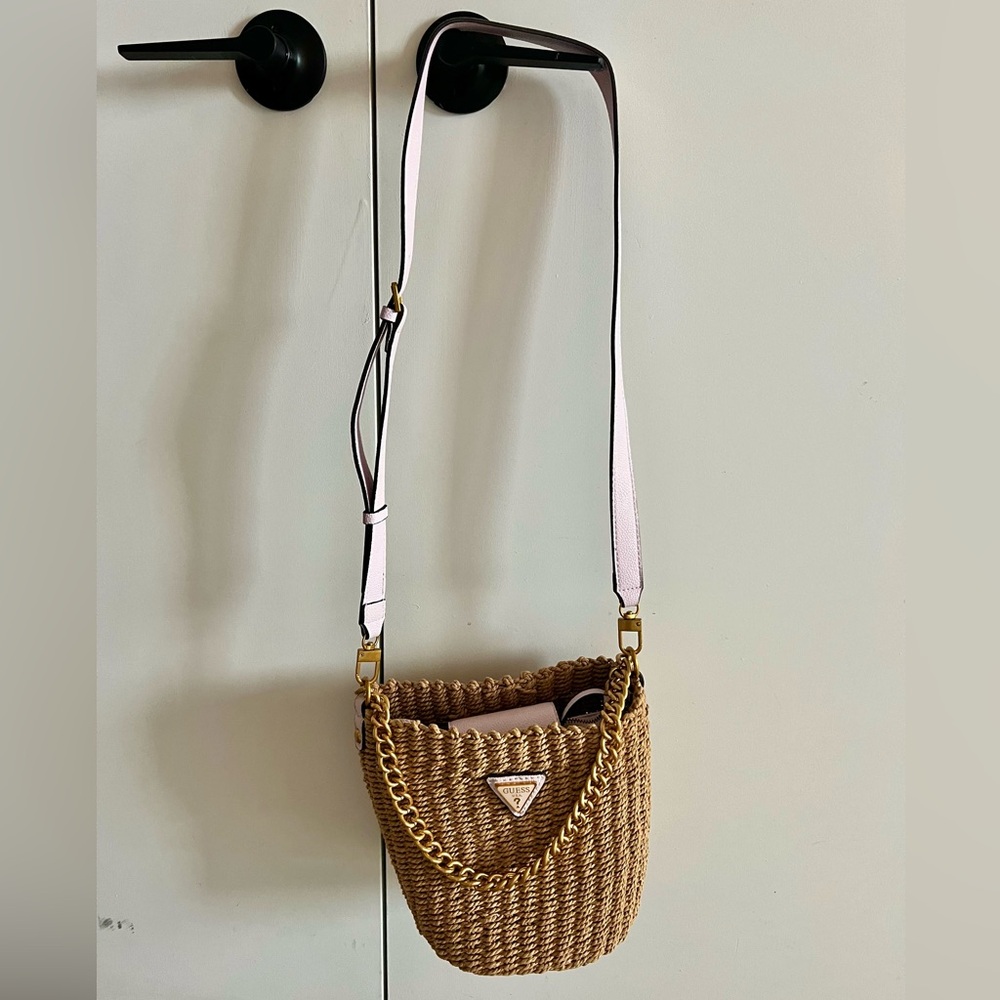 GUESS Tan Wicker Crossbody Bag with Gold Chain and Lilac strap